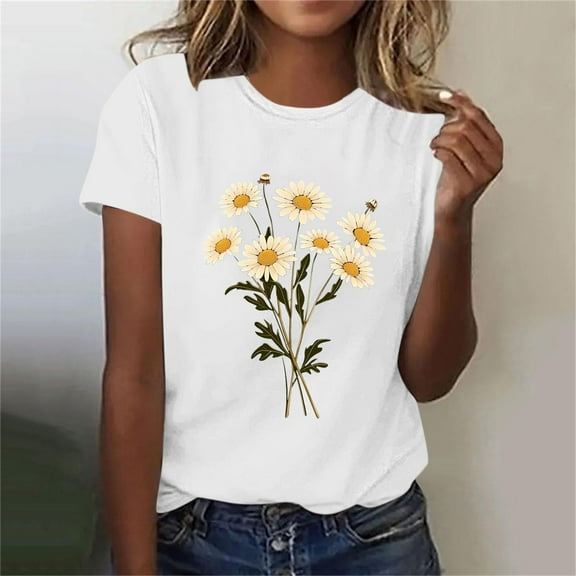 Homenesgenics Womens Tops under $5 Fashionable Women's Casual Pullover Printed Short Sleeved Round Neck Tops White M