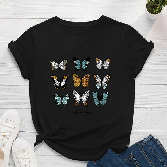 Homenesgenics Womens Tops under $5 Free Shipping Breathable Fashion Women Butterfly Print Short Sleeve Round Neck Novelty Graphic Tops