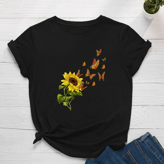 Homenesgenics Short Sleevet Shirts for Women Spring Summer 2025 Plus Size Women Short Sleeve Floral Printed Sunflower Tops T-Shirt Blouse