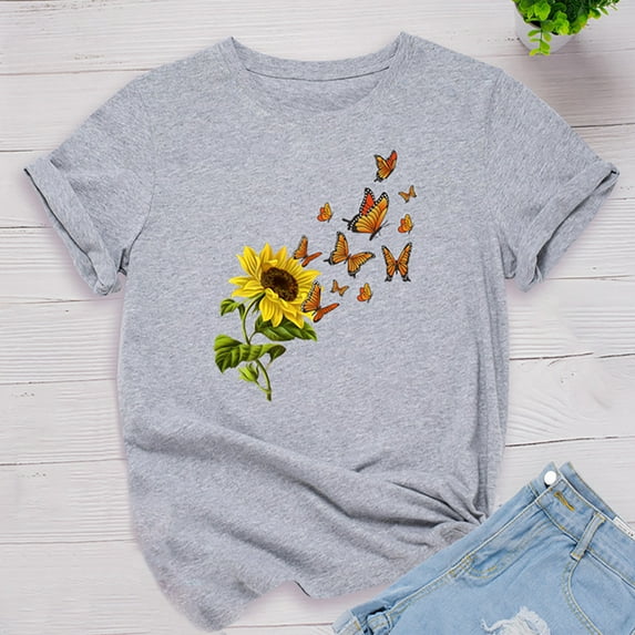 Homenesgenics Womens Tops under $5 Free Shipping Fashion Women Butterfly Print Short Sleeve Round Neck Novelty Graphic Tops Gifts for Women
