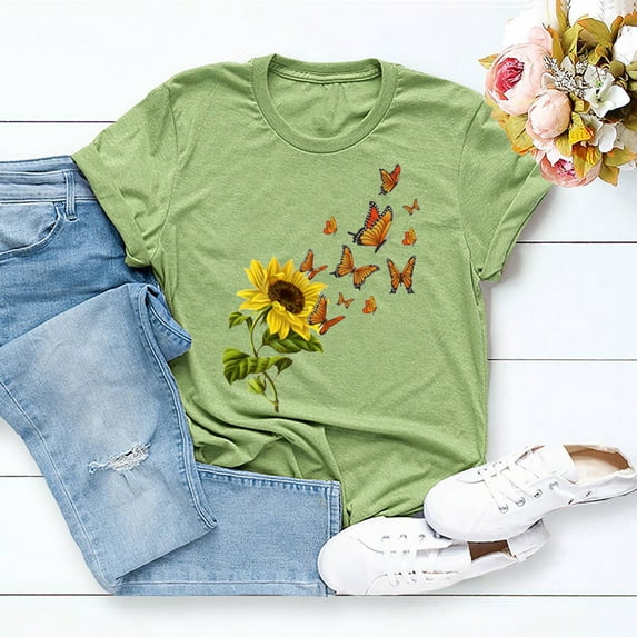 Homenesgenics Womens Tops under $5 Free Shipping Fashion Women Butterfly Print Short Sleeve Round Neck Novelty Graphic Tops