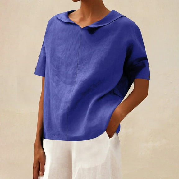 Homenesgenics Womens Tops under $5 Ladies' Casual Pullover Solid Color Short Sleeved Button V-Neck T-shirt Blue XL