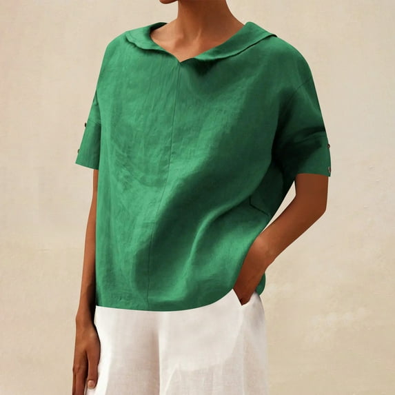 Homenesgenics Womens Tops under $5 Ladies' Casual Pullover Solid Color Short Sleeved Button V-Neck T-shirt Green XL