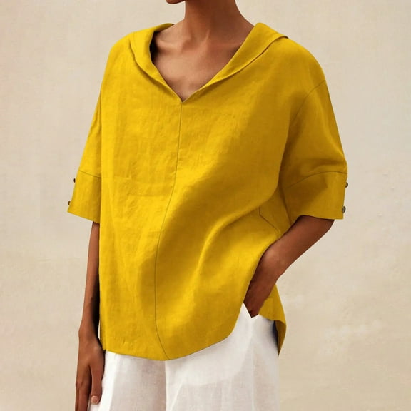 Homenesgenics Womens Tops under $5 Ladies' Casual Pullover Solid Color Short Sleeved Button V-Neck T-shirt Yellow S