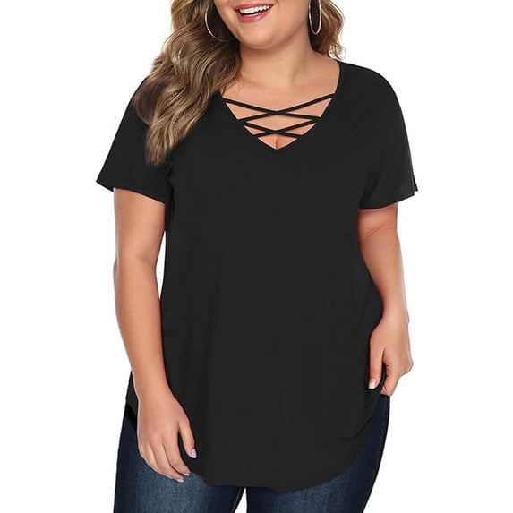 Homenesgenics Womens Tops under $5 Plus Size Breathable Women Casual Short Sleeve Flared Sleeves V-Neck Solid Loose T-Shirt Blouse Tops
