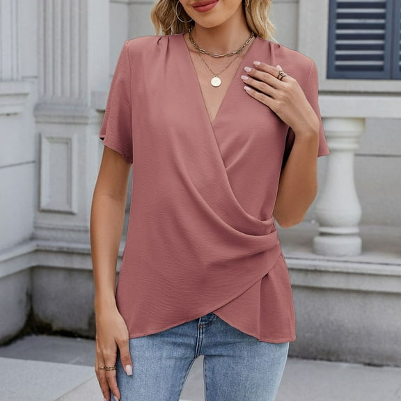Homenesgenics Womens Tops under $5 Plus Size Women's New Short-sleeved V-Neck Solid Color Casual Fashion Tops Pink XXL
