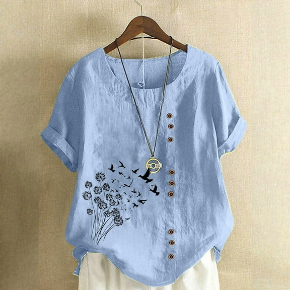 Homenesgenics Womens Tops under $5 Women Casual and Linen Round-Neck Tops Printed Short Sleeve Button T-shirt Blouse Blue XL
