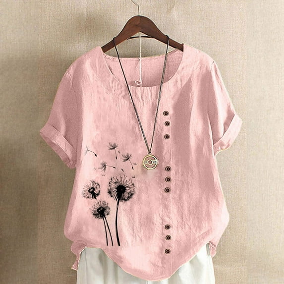 Homenesgenics Womens Tops under $5 Women Casual and Linen Round-Neck Tops Printed Short Sleeve Button T-shirt Blouse Pink XXL