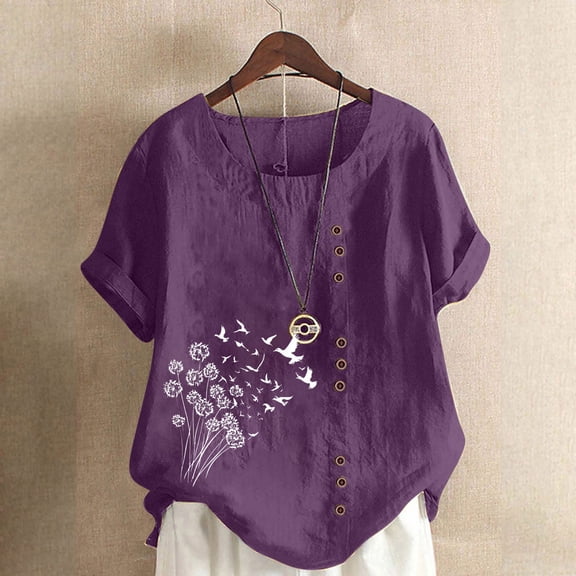 Homenesgenics Womens Tops under $5 Women Casual and Linen Round-Neck Tops Printed Short Sleeve Button T-shirt Blouse Purple XXXL