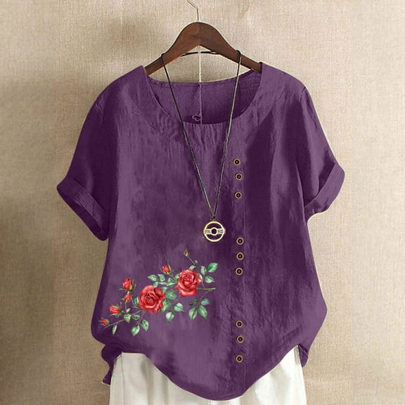 Homenesgenics Womens Tops under $5 Women Casual and Linen Round-Neck Tops Printed Short Sleeve Button T-shirt Blouse Purple XXXL