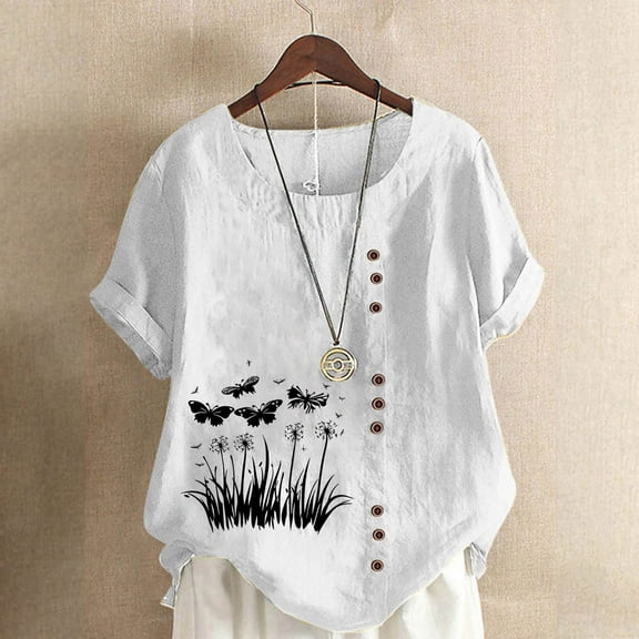 Homenesgenics Womens Tops under $5 Women Casual and Linen Round-Neck Tops Printed Short Sleeve Button T-shirt Blouse White S