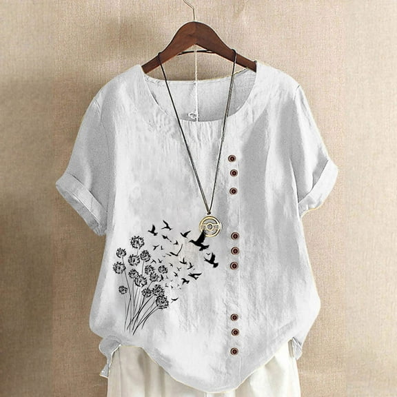 Homenesgenics Womens Tops under $5 Women Casual and Linen Round-Neck Tops Printed Short Sleeve Button T-shirt Blouse White XXXL