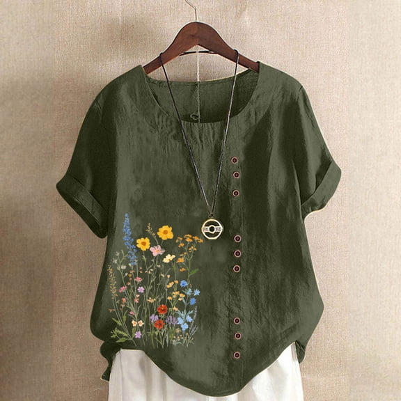 Homenesgenics Womens Tops under $5 Women Fashion Casual Linen Tops Printed Short Sleeve Button T-shirt Blouse Tops Green M