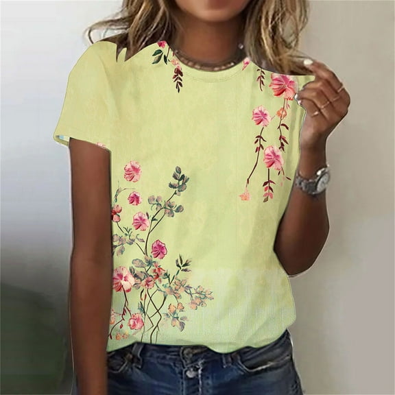 Homenesgenics Womens Tops under $5 Women's Casual Pullover Retro Printed Round Neck Short Sleeved Tops Yellow M