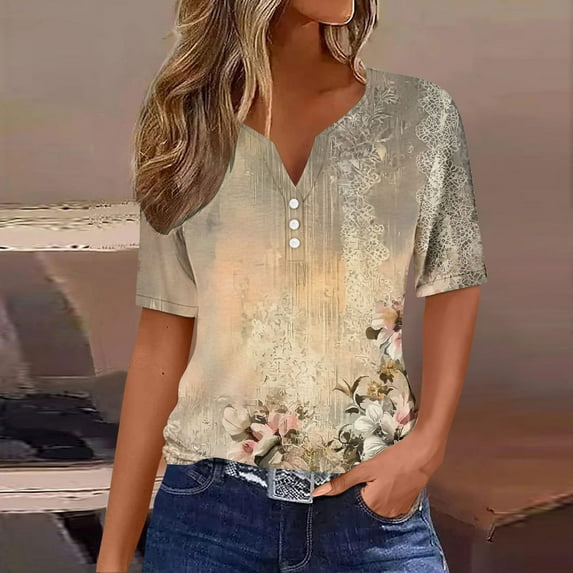 Homenesgenics Womens Tops under $5 Women's Fashion Printed Short Sleeves Blouse Round Neck Casual Brown XXXL