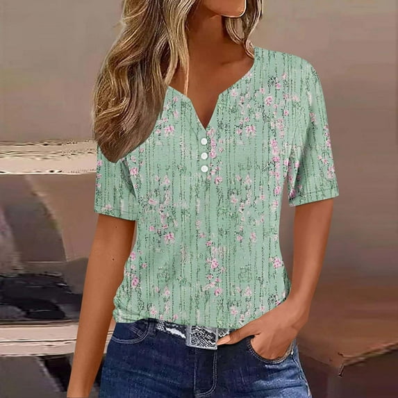 Homenesgenics Womens Tops under $5 Women's Fashion Printed Short Sleeves Blouse Round Neck Casual Green XXL