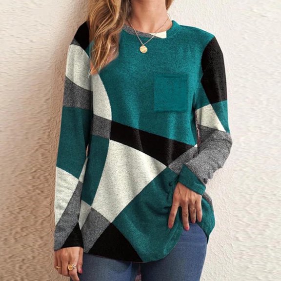 Homenesgenics Womens Tops under $5 Women's New Color Blocked Printed Long Sleeved T-shirt Round Neck Tops Green XXL