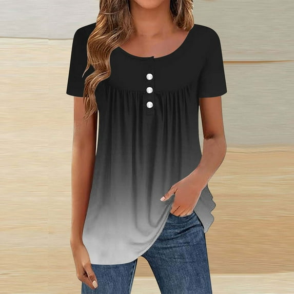 Homenesgenics Womens Tops under $5 Women's Printed Short Sleeved Round Neck Pleated Fashionable Casual Tops Black M