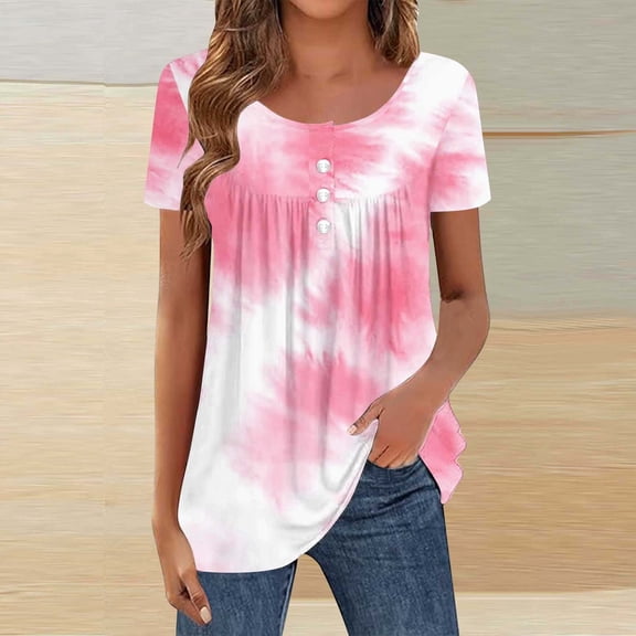 Homenesgenics Womens Tops under $5 Women's Printed Short Sleeved Round Neck Pleated Fashionable Casual Tops Pink XL
