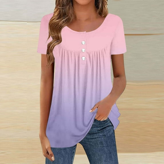 Homenesgenics Womens Tops under $5 Women's Printed Short Sleeved Round Neck Pleated Fashionable Casual Tops Pink XL