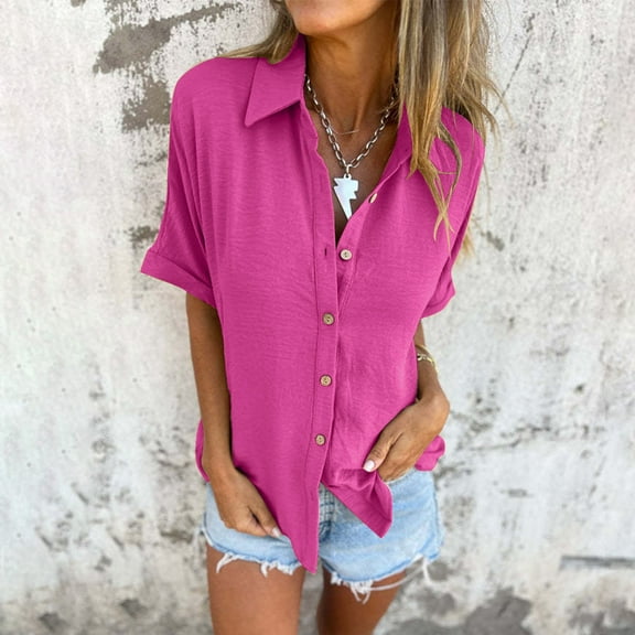 Homenesgenics Womens Tops under $5 Women's Solid Color Five Quarter Sleeve Lapel Button Cardigan Short Sleeved Tops Pink S