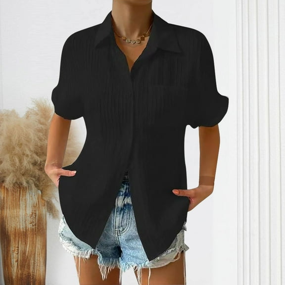Homenesgenics Womens Tops under $5 Women's Summer Solid Color Lapel Short Sleeved Loose Button Shirt Tops Black L