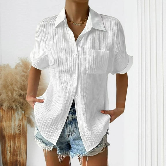 Homenesgenics Womens Tops under $5 Women's Summer Solid Color Lapel Short Sleeved Loose Button Shirt Tops White M