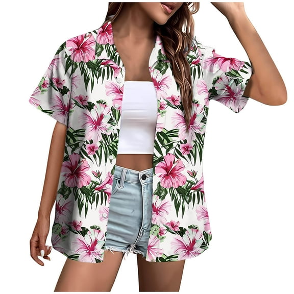 Homenesgenics Womens Tops under $5 Womens Hawaiian Shirts Button Up Casual Summer Beach Shirt Cool Short Sleeve Tops White M