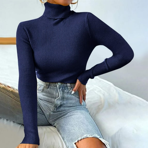 Homenesgenics Womens Tops Long Sleeve Fashion Women Solid Long Sleeve Pullove Turtleneck-Neck Casual Sweater Tops