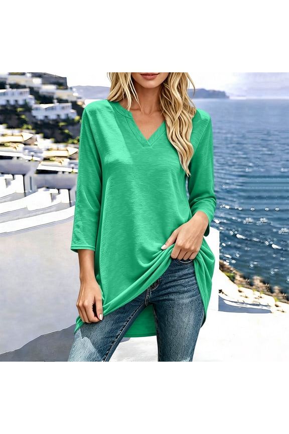 Womens Tops Oversized Plus Size Spring/ Fall Casual V-Neck Split-Hem Long-Sleeve Maxi Tunic Tops Green XXL