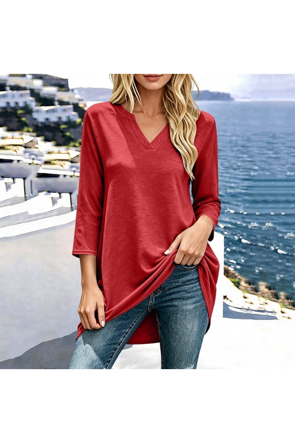 Womens Tops Oversized Plus Size Spring/ Fall Casual V-Neck Split-Hem Long-Sleeve Maxi Tunic Tops Red L
