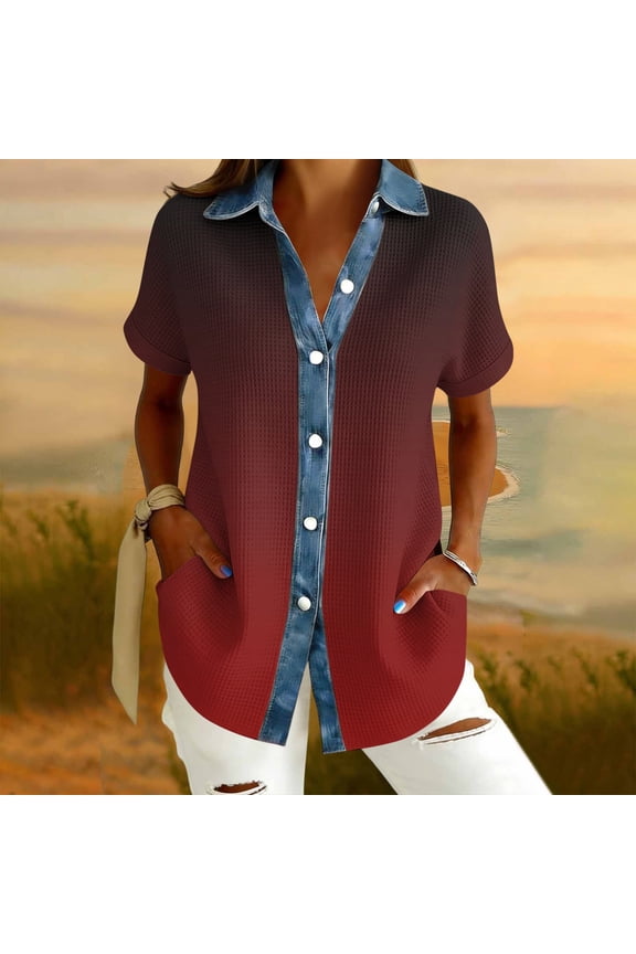 Womens Tops Plus Size 4x 5x Casual Waffle-Weave Button-Down Denim Cute Graphic Tee Gradient-Color Loose-Fit Short-Sleeve Collared Summer T-Shirts Red M