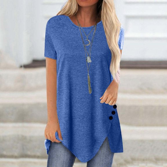 Homenesgenics Womens Tops Plus Size Spring Summer 2025 Short Sleeve Fashion Solid Button Shirt Female Round Neck Loose T-Shirt Blouse