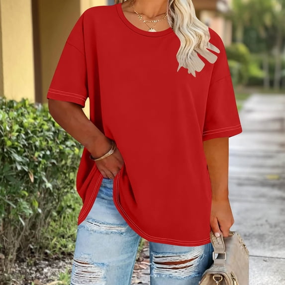 Homenesgenics Womens Tops Plus Size Round Neck Short Sleeve Solid Color Spring/Summer Base Layer T-Shirt (XL-5XL) Red XXXL