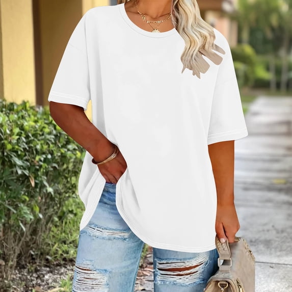 Homenesgenics Womens Tops Plus Size Round Neck Short Sleeve Solid Color Spring/Summer Base Layer T-Shirt (XL-5XL) White XXL
