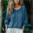 thumbnail image 1 of Homenesgenics Womens Tops Plus Size Spring 3/4 Sleeve Round Neck Button-Up Bell Sleeve Solid Color Cotton-Linen Top/Shirt Blue M, 1 of 7