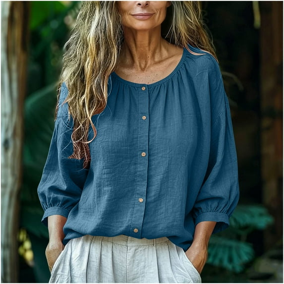 Homenesgenics Womens Tops Plus Size Spring 3/4 Sleeve Round Neck Button-Up Bell Sleeve Solid Color Cotton-Linen Top/Shirt Blue M