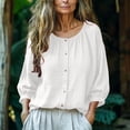 thumbnail image 1 of Homenesgenics Womens Tops Plus Size Spring 3/4 Sleeve Round Neck Button-Up Bell Sleeve Solid Color Cotton-Linen Top/Shirt White S, 1 of 7