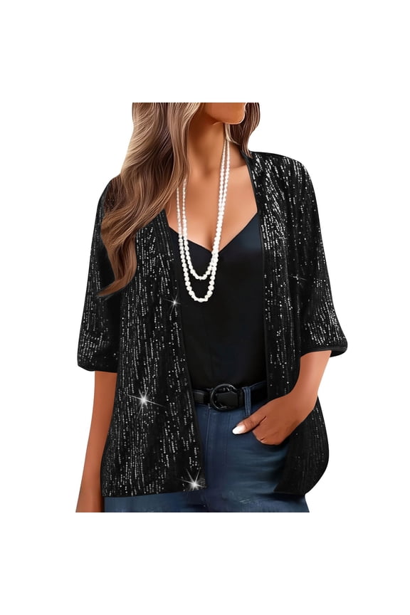 Womens Tops Plus Size Spring 3/4 Sleeve Sequined Jacket Open-Front Sequined Party Tops Black S