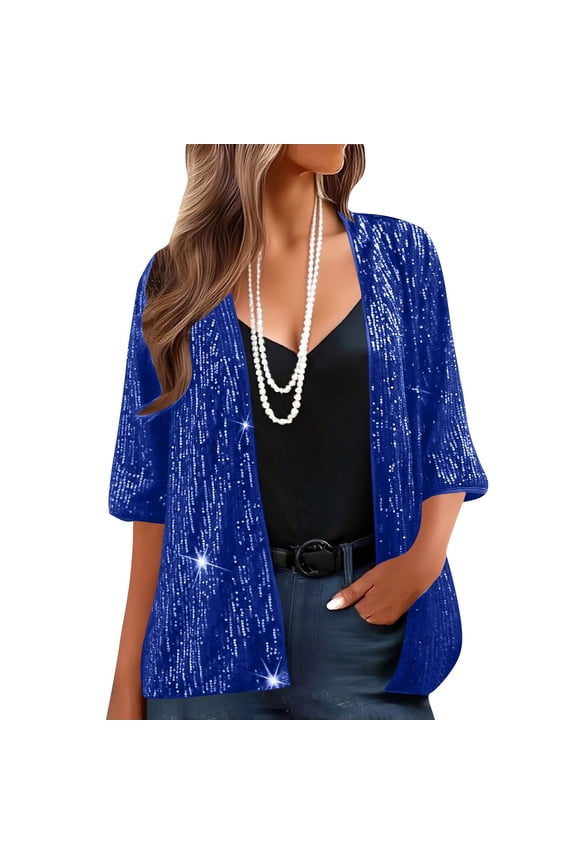 Womens Tops Plus Size Spring 3/4 Sleeve Sequined Jacket Open-Front Sequined Party Tops Blue S