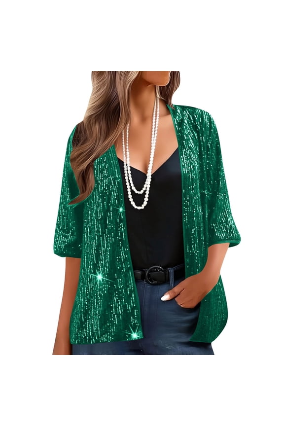 Womens Tops Plus Size Spring 3/4 Sleeve Sequined Jacket Open-Front Sequined Party Tops Green S