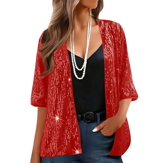 Homenesgenics Womens Tops Plus Size Spring 3/4 Sleeve Sequined Jacket Open-Front Sequined Party Tops Red M