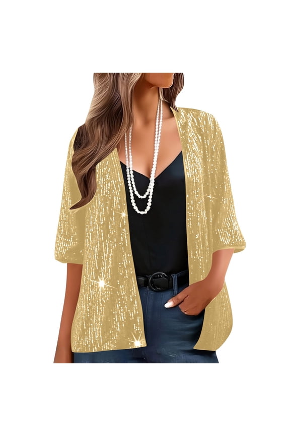 Womens Tops Plus Size Spring 3/4 Sleeve Sequined Jacket Open-Front Sequined Party Tops Yellow S