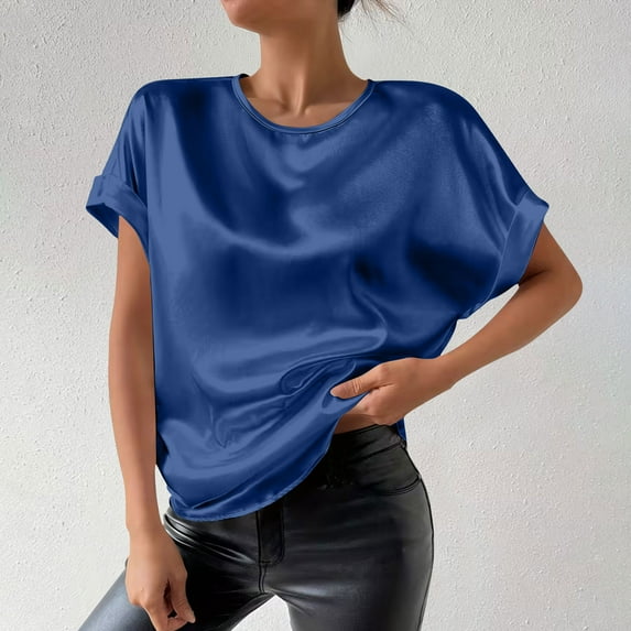 Homenesgenics Womens Tops Plus Size Spring Casual Fashion Solid Color Short Sleeve Round Neck Satin Top /Shirt Blue L