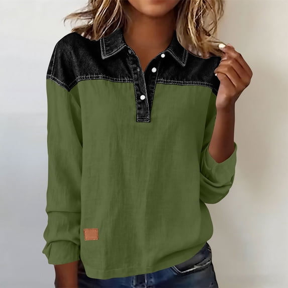 Homenesgenics Womens Tops Plus Size Spring Cotton-Linen Long Sleeve Collared Button-Up Color-Block Pullover Relaxed Fit Top/Shirt Green XXL