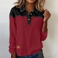 thumbnail image 1 of Homenesgenics Womens Tops Plus Size Spring Cotton-Linen Long Sleeve Collared Button-Up Color-Block Pullover Relaxed Fit Top/Shirt Red XXL, 1 of 7
