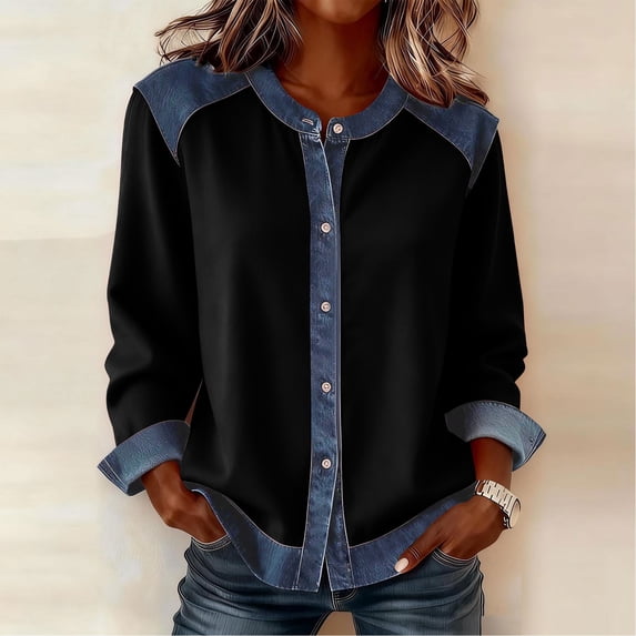 Homenesgenics Womens Tops Plus Size Spring Solid Color Casual Long-Sleeve Round Neck Denim Patchwork Button-Down Cardigan Jacket Top Shirt Black M