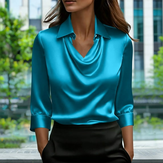 Homenesgenics Womens Tops Plus Size Spring Solid Color Satin Satin Elegant Solid Color Cowl Neck Three-Quarter Sleeve Top/Shirt Blue XL