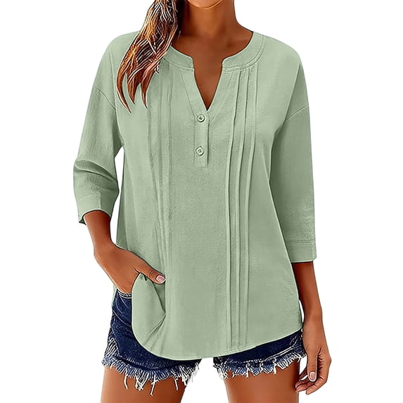 Homenesgenics Womens Tops Plus Size Spring Solid Color Three-Quarter Sleeve Top Fashion Button-Up Shirt Green M