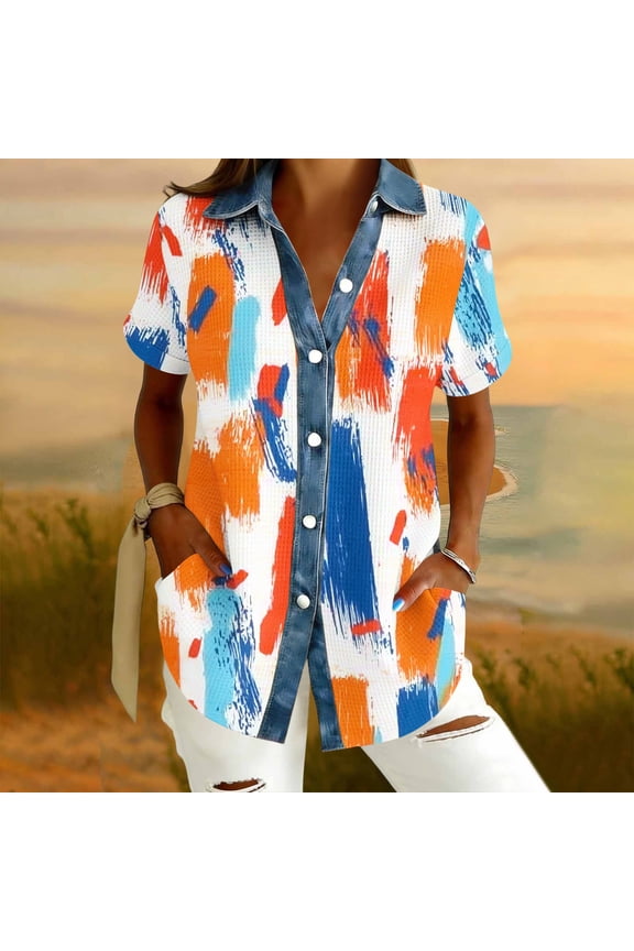 Womens Tops Plus Size Summer Casual Waffle-Weave Button-Down Denim Print Loose-Fit Short-Sleeve Collared Shirt Multicolor M